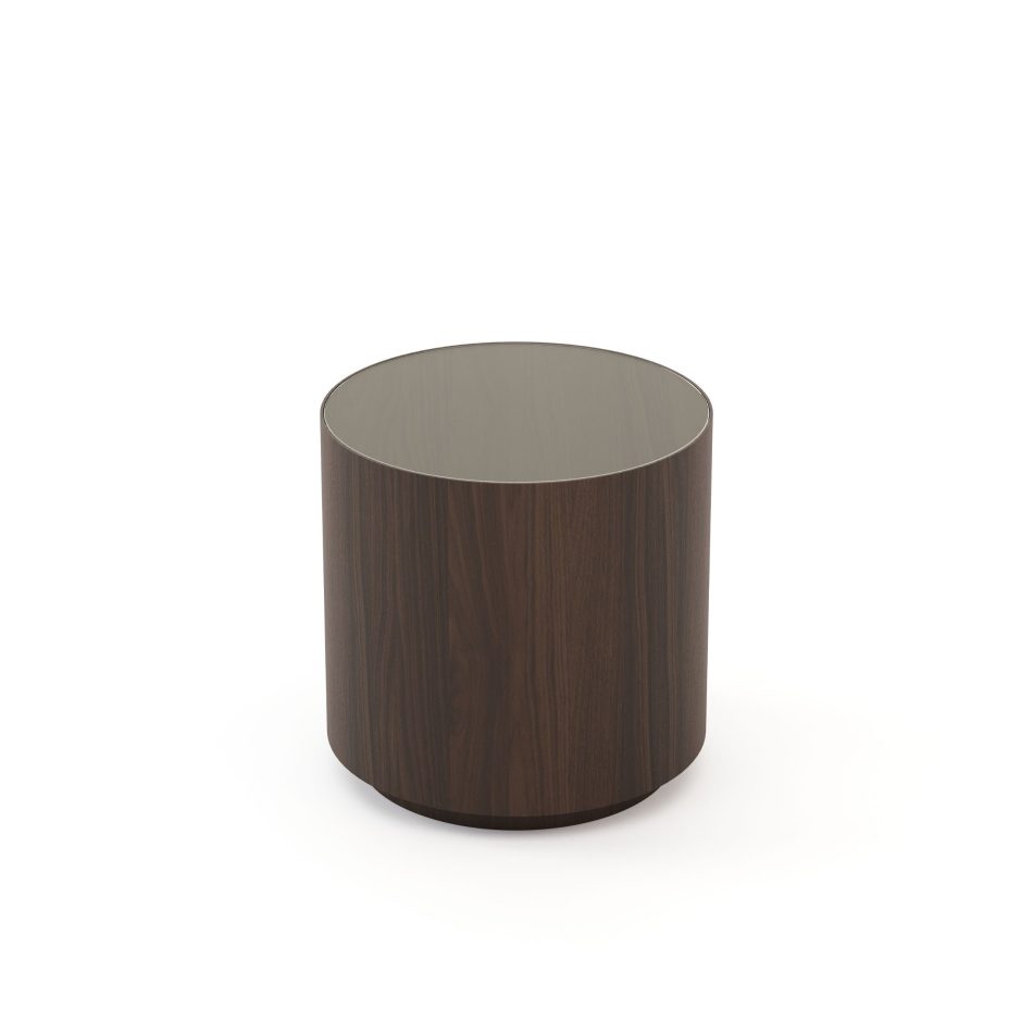 A close view of the Drum Side Table highlights the rich brown oak wood veneer and the clean geometry of its round silhouette. The glass top introduces a noble, luxurious finish, enhancing the table’s role as an elegant accent within living room furniture and sophisticated contemporary interiors.