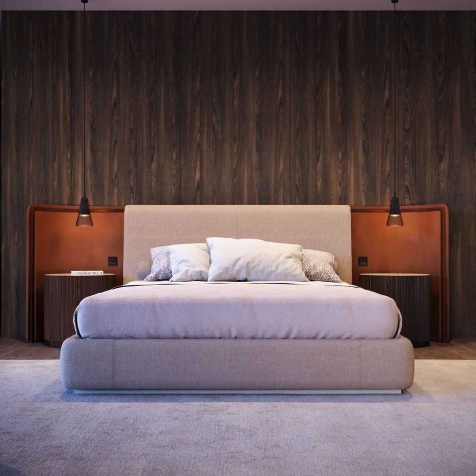 Two Drum Side Tables frame a modern upholstered bed, their cylindrical brown oak wood veneer bases and marble tops adding depth and elegance to the space. The warm lighting, layered textures and minimalist styling create a calm, contemporary ambiance aligned with modern luxury furniture and sophisticated bedroom architecture.