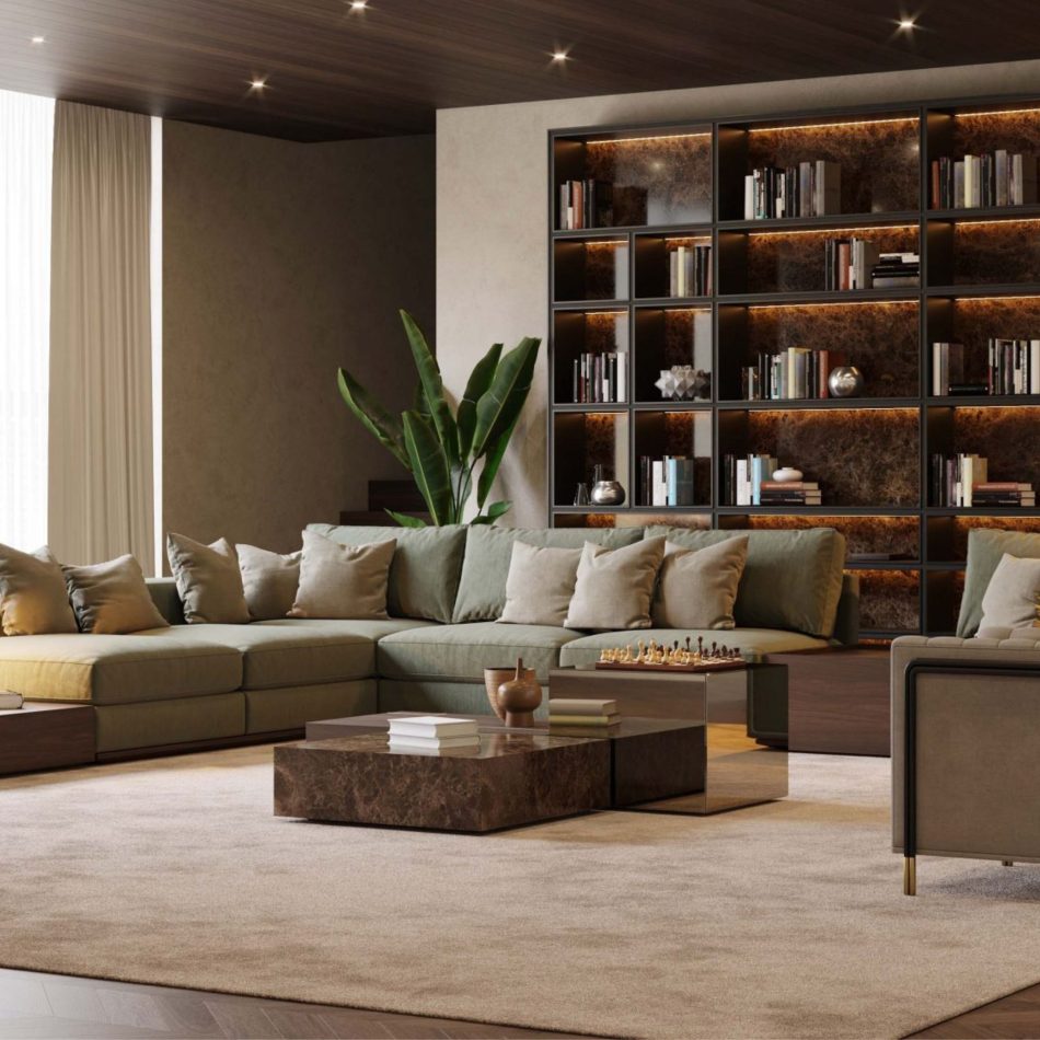 Fortune Coffee Tables set with marble‑like tops anchor the seating area, styled with vases and a chess set beside a soft green sectional. Backlit shelving and natural accents create a serene, contemporary atmosphere. The composition reflects curated furniture for living room, warm interior design inspiration, and the quiet elegance of luxury furniture.