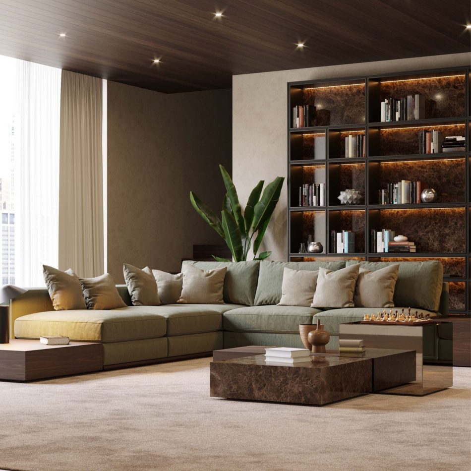 A Fortune Coffee Table with a marble‑like top sits before a muted green sectional, paired with decorative objects and a nearby chess set. Warm backlit shelving and a large indoor plant complete the serene, modern composition. The room blends elegant living room architecture with curated home furniture and a subtle sense of bespoke living room style.