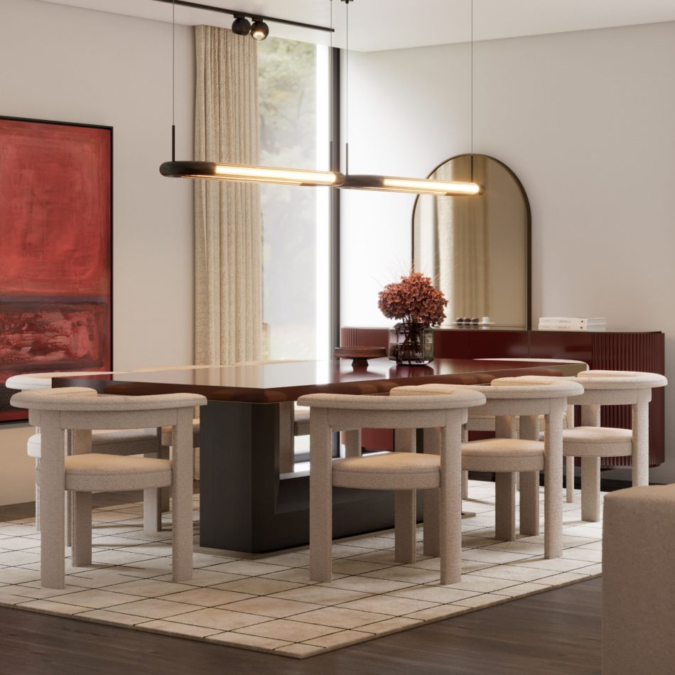 The Fortune Dining Table stands at the center of a serene dining space, paired with six upholstered chairs and styled with a floral branch and metallic accents. A glossy sideboard and arched mirror frame the background, merging dining room furniture, soft living room architecture, and warm luxury home furniture.