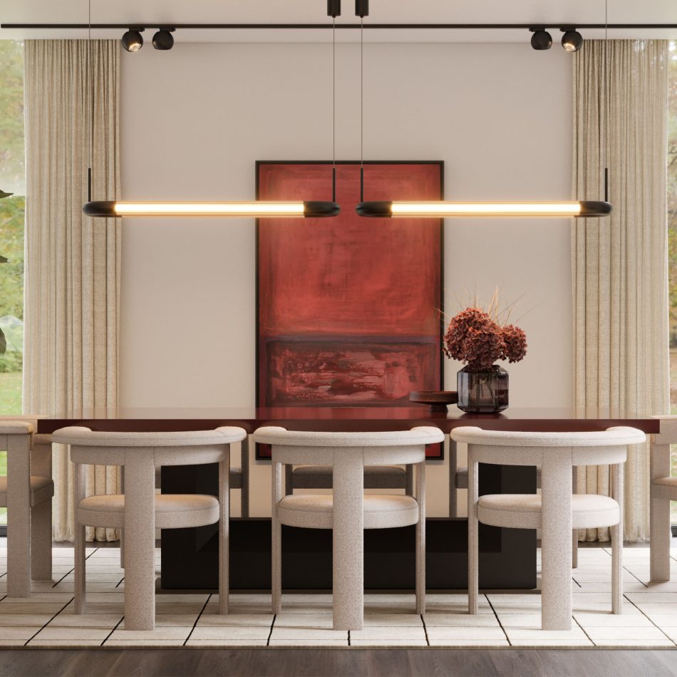 The Fortune Dining Table becomes the focal point of the dining room with its glossy deep‑red surface and sculptural black base, surrounded by six light‑beige upholstered chairs that soften the geometry of the space. A long linear pendant light casts warm illumination above, while a bold red abstract artwork and floor‑to‑ceiling curtains frame the scene, blending luxury dining room furniture, curated design details, and elevated interior design inspiration.