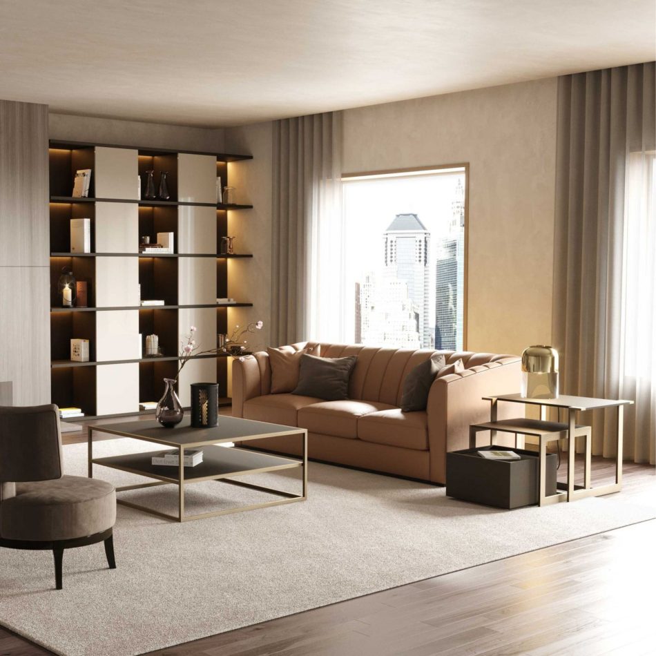 The Fortune Side Table appears as a metallic, geometric accent beside a tan sofa, paired with a gold decorative object and positioned near a black‑and‑gold coffee table. Backlit shelving, soft beige curtains, and a city view complete the refined atmosphere. The composition reflects curated home furniture, the clean geometry of contemporary furniture, and the warm balance of living room design.