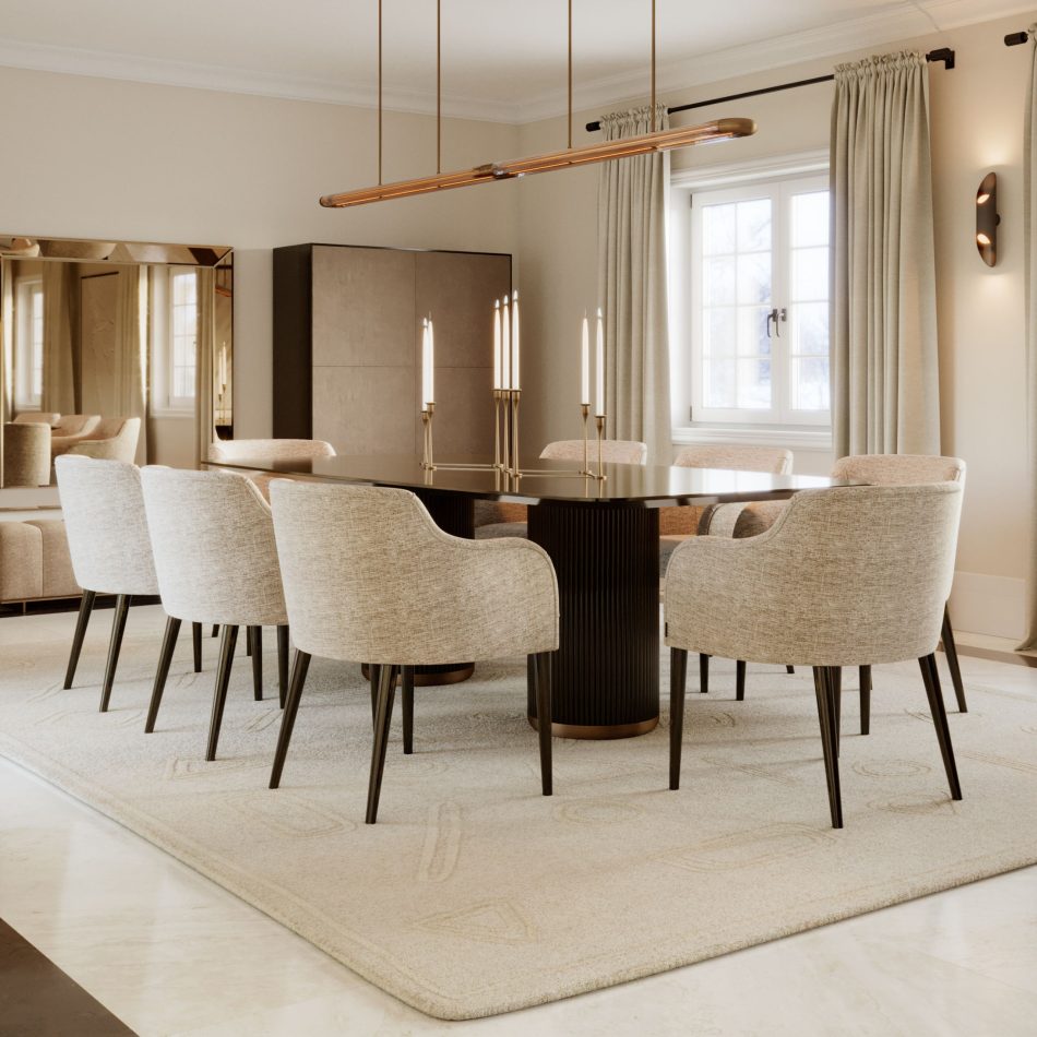 The Her Dining Table stands as a powerful centerpiece with its elongated rectangular top and sturdy wooden base accented by brass detailing. Surrounded by upholstered chairs and illuminated by a slim metallic pendant, the space blends luxury dining room furniture, warm interior design inspiration, and elegant living room architecture.