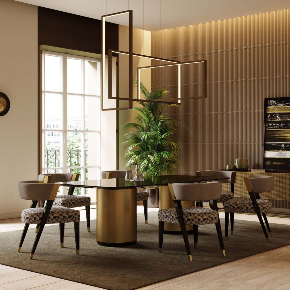 The Her Dining Table anchors the dining room with its glossy dark surface and cylindrical gold bases, complemented by patterned upholstered chairs and a geometric chandelier. Surrounded by greenery and textured wall panels, the composition merges dining room furniture, expressive wood texture, and elegant furniture luxury design.