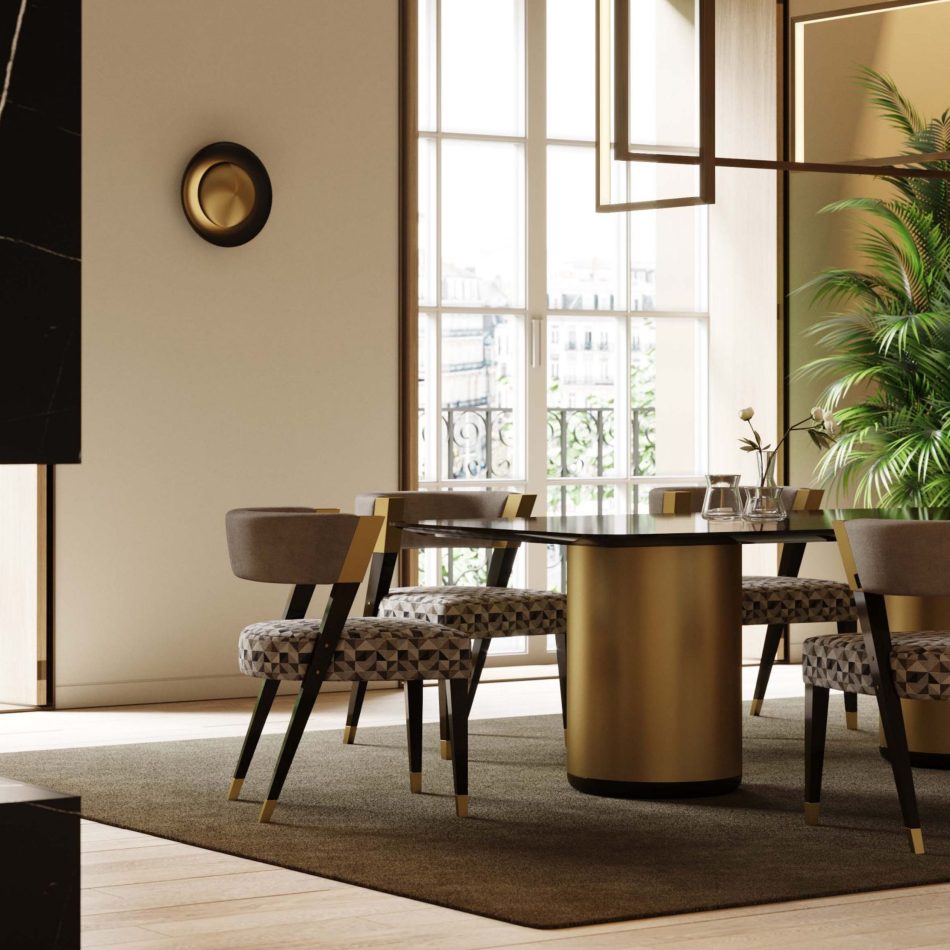 The Her Dining Table features a sleek black top and a sculptural gold pedestal base, paired with four geometric‑patterned chairs in soft gray tones. Natural light from floor‑to‑ceiling windows highlights the table’s minimalist elegance, merging modern furniture, design details, and furniture luxury design.