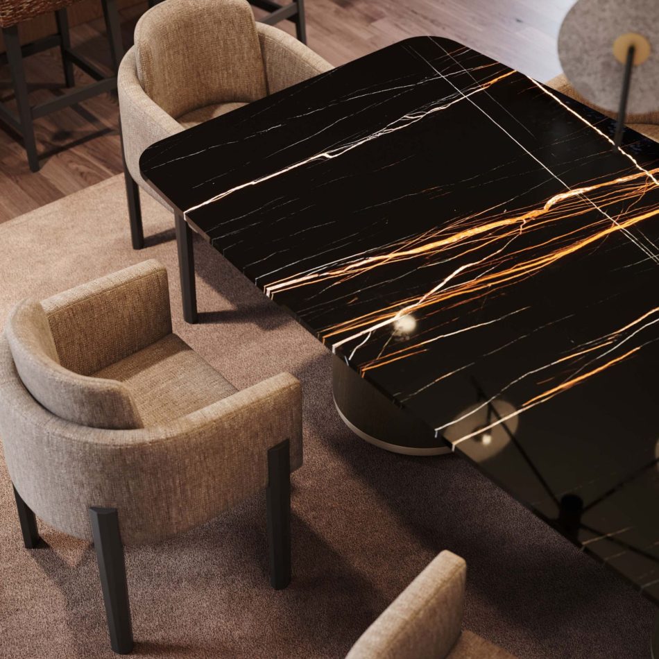 The Her Dining Table features a rectangular black marble top veined in white and gold, paired with four curved beige chairs on a soft neutral rug. The polished surface reflects the room’s warm tones, merging modern dining table design, expressive material texture, and sophisticated furniture luxury design.