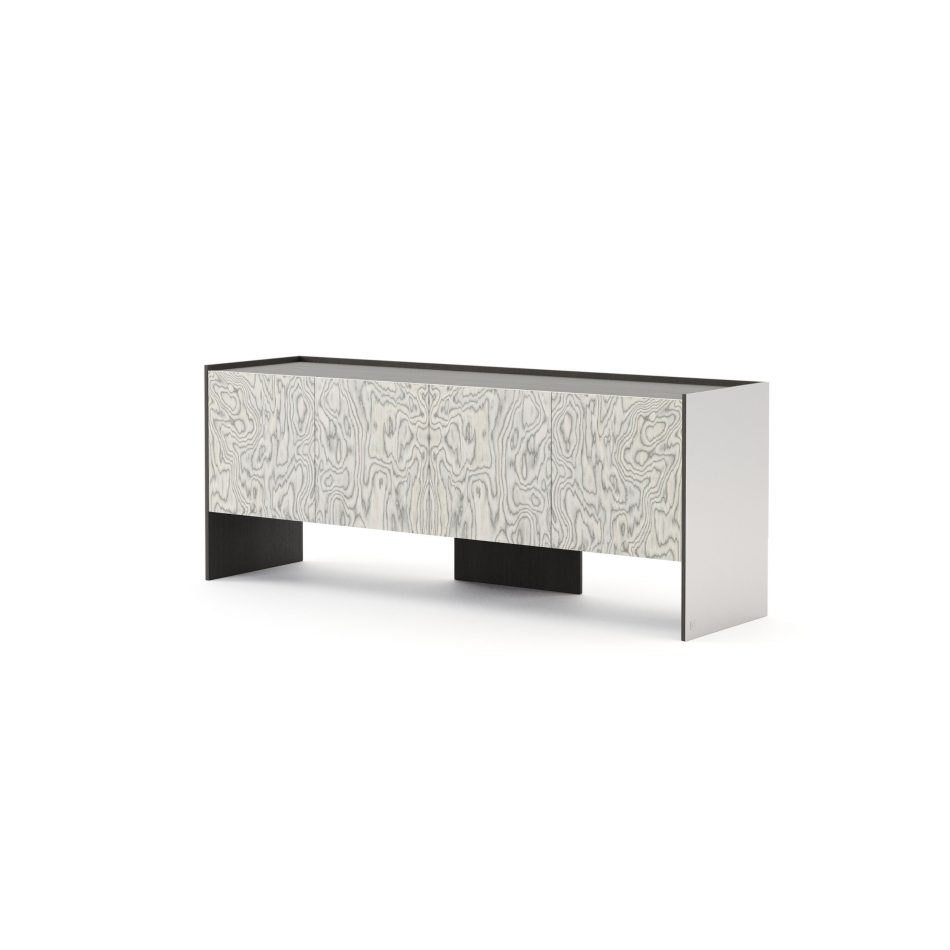 The Her Sideboard shown at an angle, its doors finished in a striking natural oak veneer with swirling grain patterns, framed by a wood top and steel side panel. Raised on three block-style legs, the piece brings an Art Deco-inspired presence to luxury dining room furniture.