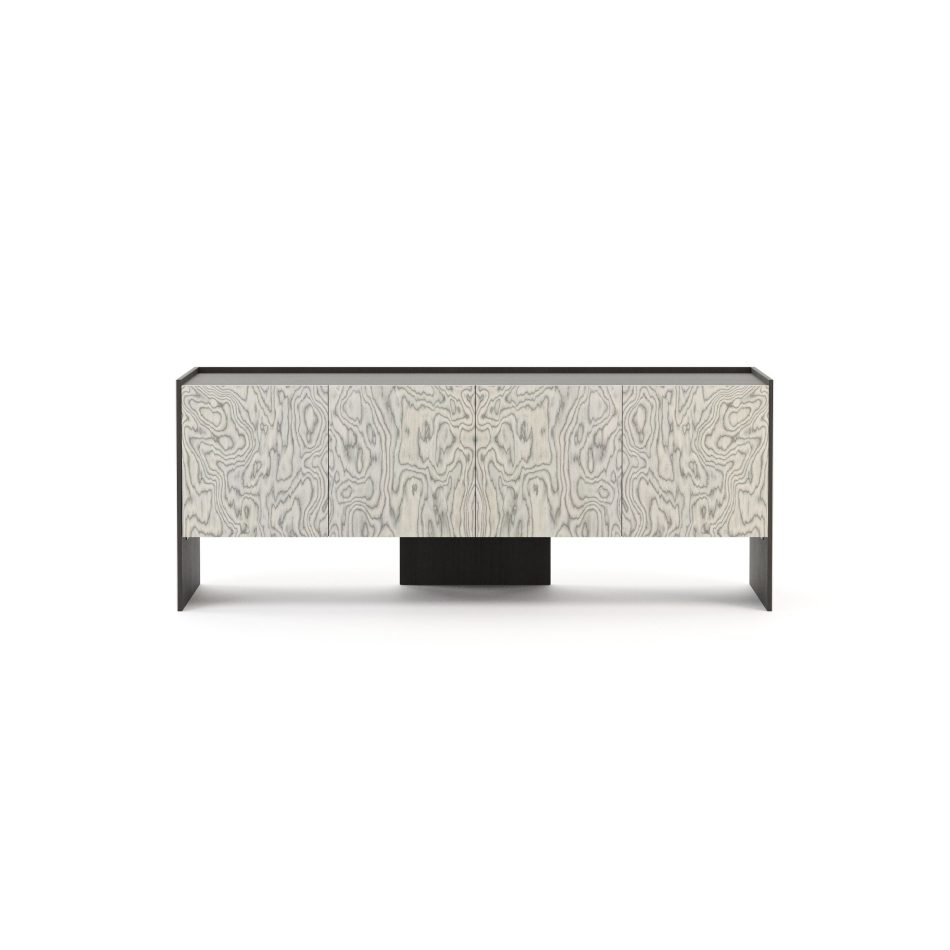 Front view of the Her Sideboard, its wood-veneer doors displaying rich, organic grain patterns beneath a slim matte lacquered top edge. The pairing of natural oak and steel creates a striking, sumptuous surface, well suited to contemporary furniture for living room or dining spaces.