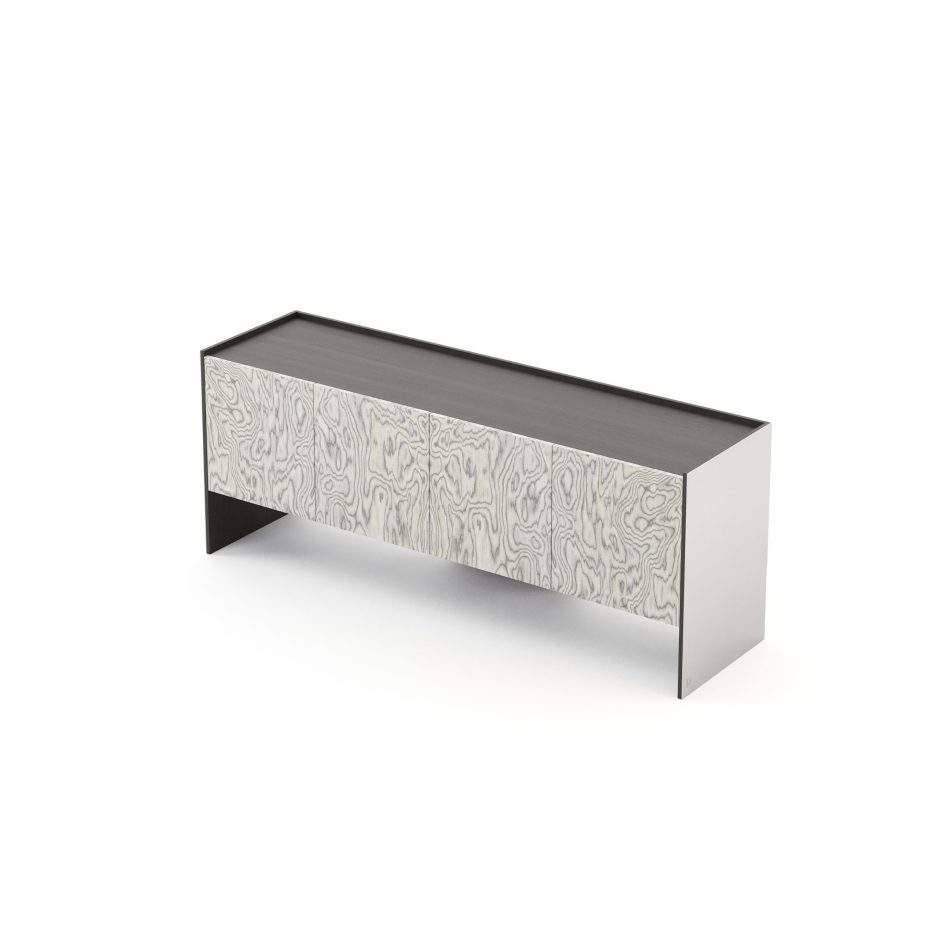 Front view of the Her Sideboard, its wood-veneer doors displaying rich, organic grain patterns beneath a slim matte lacquered top edge. The pairing of natural oak and steel creates a striking, sumptuous surface, well suited to contemporary furniture for living room or dining spaces.