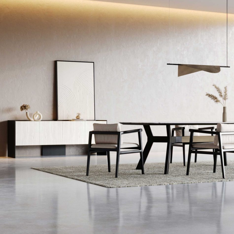 The Her sideboard stands against a warm, softly lit wall, its natural oak and lacquered finish adding quiet sophistication to the dining setting. Styled with sculptural decor and framed artwork, it becomes the grounding element of this curated space, blending with luxury dining room furniture and contemporary interior design inspiration while echoing the elegance of modern furniture.