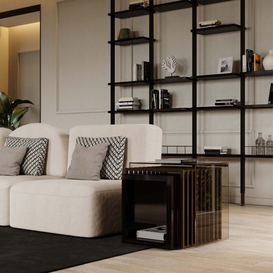 The His Side Table is shown as a versatile trio of nested cubes in bronze hues, placed in front of light upholstered seating and paired with a tall black‑metal shelving unit. The composition merges luxury home furniture, expressive material texture, and contemporary living room architecture.