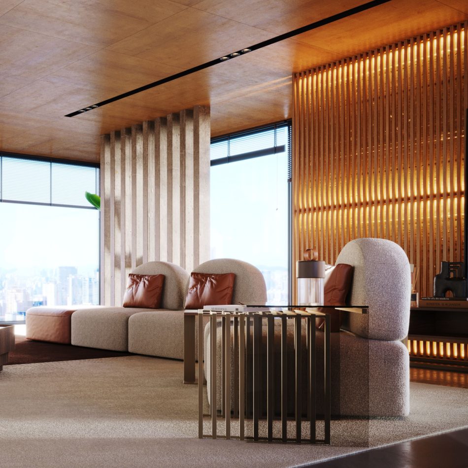 The His Side Table stands in a refined living room, its geometric bronze‑coloured volumes supporting books and decorative objects beside plush gray chairs. The warm lighting and city view highlight furniture luxury design, subtle design details, and sophisticated modern furniture.