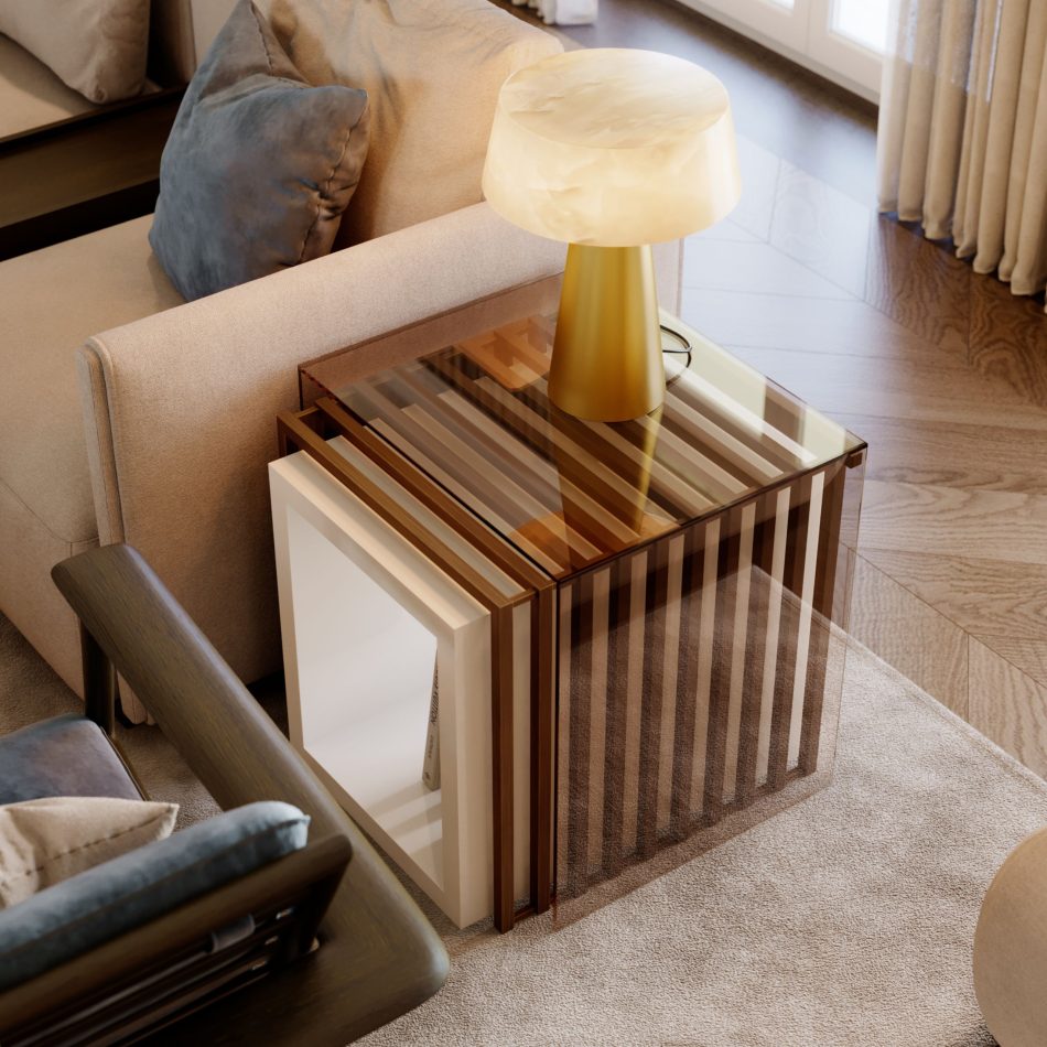 The His Side Table appears beside a beige sofa and wooden armchair, revealing its three‑tiered cubic structure crafted from alternating bronze‑toned and translucent panels. Topped with a sculptural lamp and surrounded by soft neutral textures, the piece blends modern furniture, refined material contrast, and sophisticated interior design inspiration.