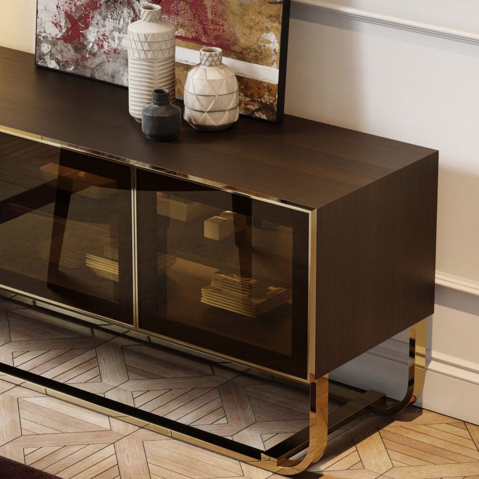 A close view of the His Sideboard reveals its bronze‑glass doors, minimalist lines, and brushed metallic accents, creating a discreet yet elegant presence. Ceramic vases and abstract artwork rest above the piece, reflecting casegoods furniture, expressive wood texture, and warm luxury home furniture.