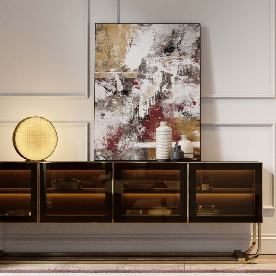 The His Sideboard displays its bronze‑glass doors with internal lighting that turns stored dining pieces into a curated showcase. Paired with sculptural vases, a glowing lamp, and abstract art, the composition merges modern furniture, subtle design details, and sophisticated furniture luxury design.