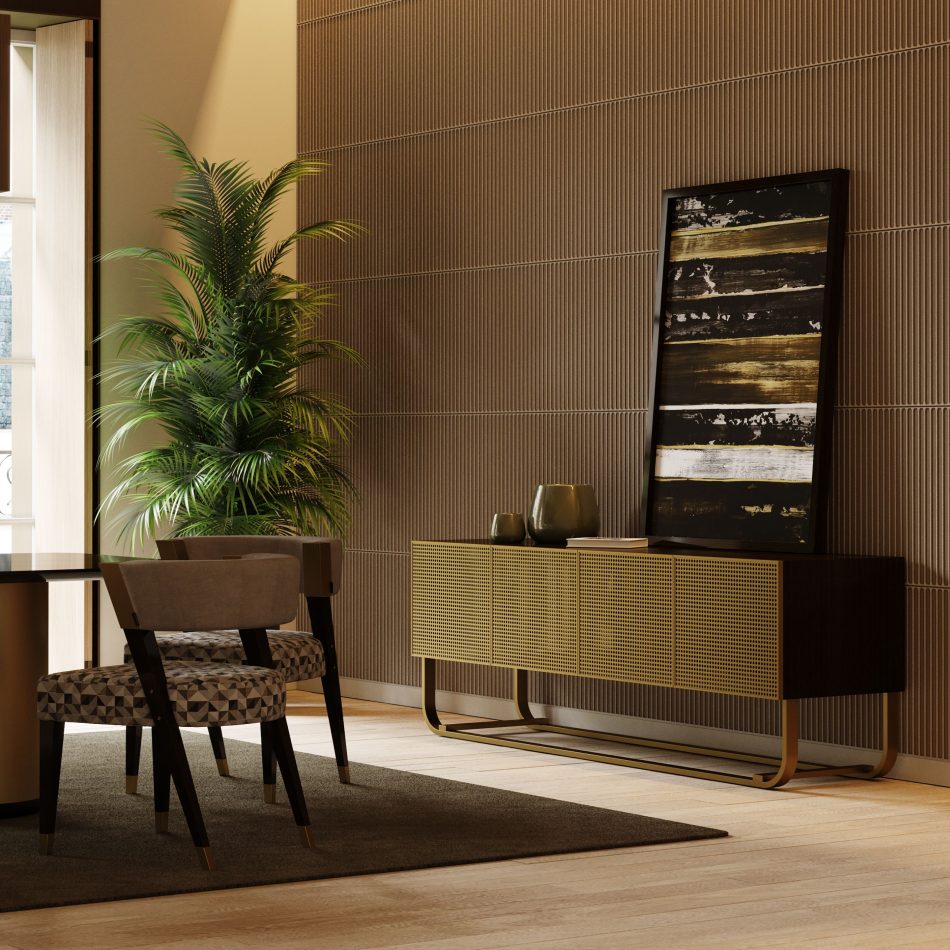 The His Sideboard stands beside a dining area, its bronze‑glass doors and gold‑toned structure adding discreet glamour to the room. Decorative glass vases and a large abstract artwork lean against a ribbed wall panel, merging modern furniture, expressive wood texture, and elevated luxury home furniture.