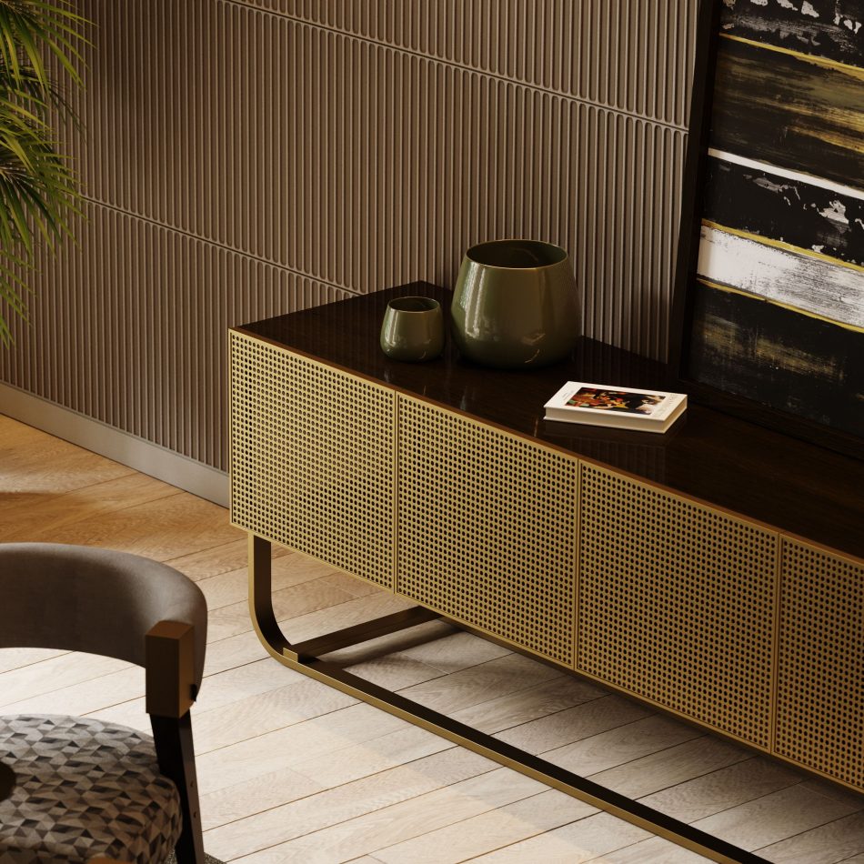 A close view of the His Sideboard reveals its bronze‑glass doors framed by warm metallic accents, turning stored utensils into a curated showcase. Ceramic vases and abstract art complete the composition, reflecting casegoods furniture, subtle design details, and sophisticated furniture luxury design.