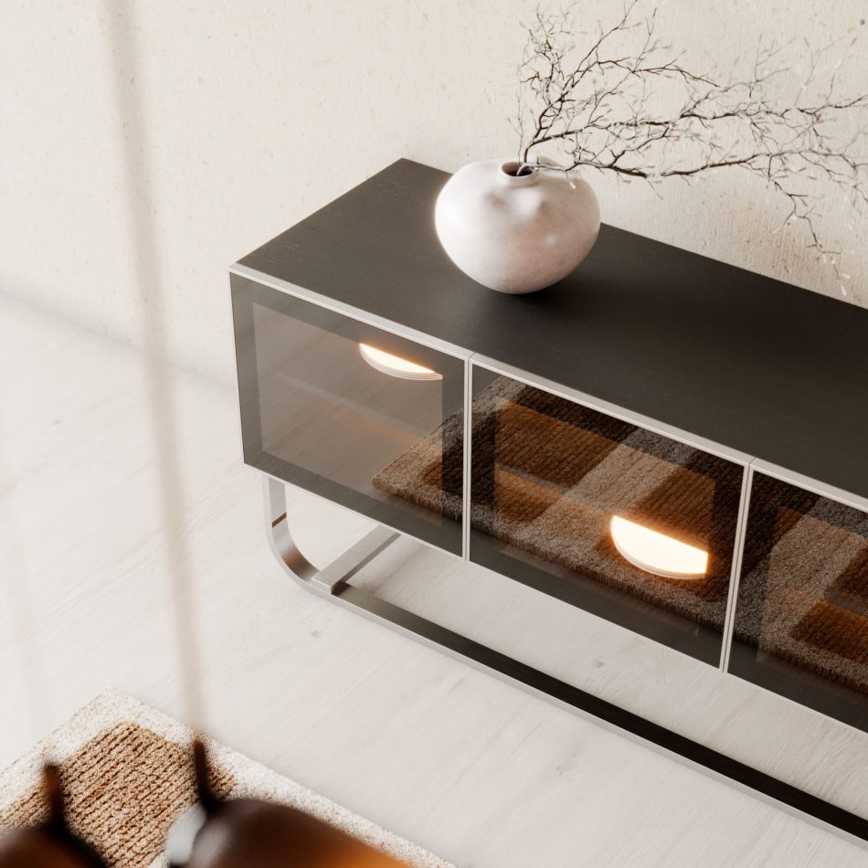 The His Sideboard stands against a neutral textured wall, its bronze‑glass compartments glowing with warm internal lighting that highlights the refined geometry of the piece. A round ceramic vase with delicate branches adds a sculptural touch, reflecting casegoods furniture, expressive wood texture, and sophisticated furniture luxury design.