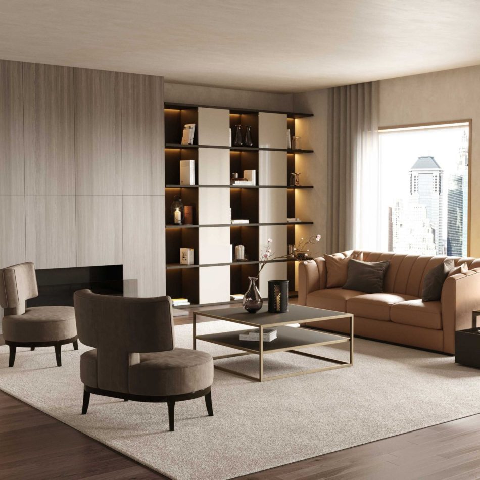 The Bridge Coffee Table, designed with a wood top and brass frame, anchors a seating area with a tan leather sofa, taupe armchairs, and a backlit shelving unit. Large windows reveal a city skyline, enhancing the room’s neutral palette. The composition reflects curated dining room furniture, the clean geometry of modern luxury furniture, and a warm, structured bespoke living room atmosphere.