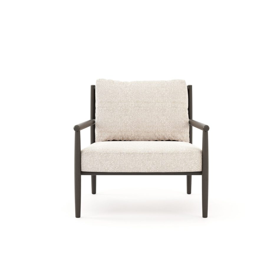 Front view of the Landform Armchair, showing its slender oak frame and boucle-upholstered seat and back, an example of minimalist design suited to contemporary furniture settings.