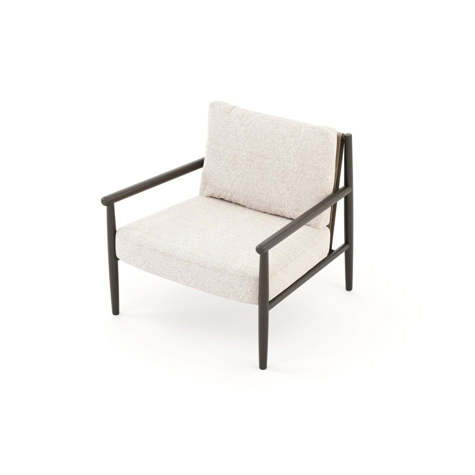 The Landform Armchair, highlighting its rounded armrests and tapered oak legs, a piece of handmade furniture with understated Scandinavian charm.