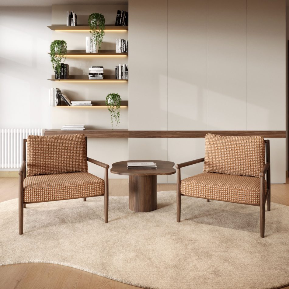 A pair of Landform Armchair seats in houndstooth fabric flanking a walnut coffee table, set against floating shelves styled with books and trailing plants, an example of luxury living room furniture with a warm Nordic feel.