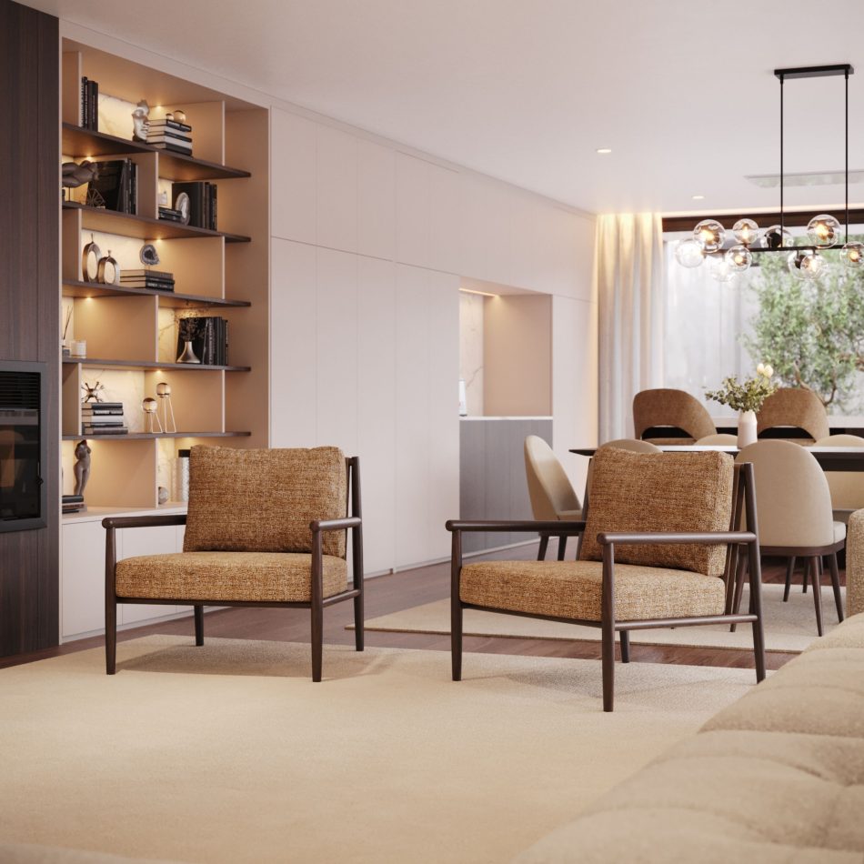 A pair of Landform Armchair seats in mustard woven fabric flanking a built-in bookshelf, positioned near an open dining area with rounded chairs and a sculptural pendant light, an example of luxury living room furniture bridging both spaces.