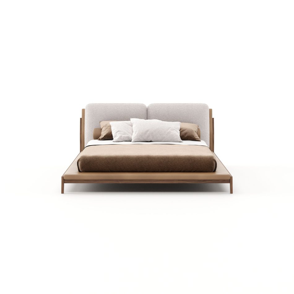 Front view of the Milos Bed, showing the full symmetry of its split bouclé headboard framed by slim walnut uprights, set above a tan leather base and neatly dressed bedding in beige and white tones. A sober, modern take on luxury master bedroom furniture built for versatile styling.