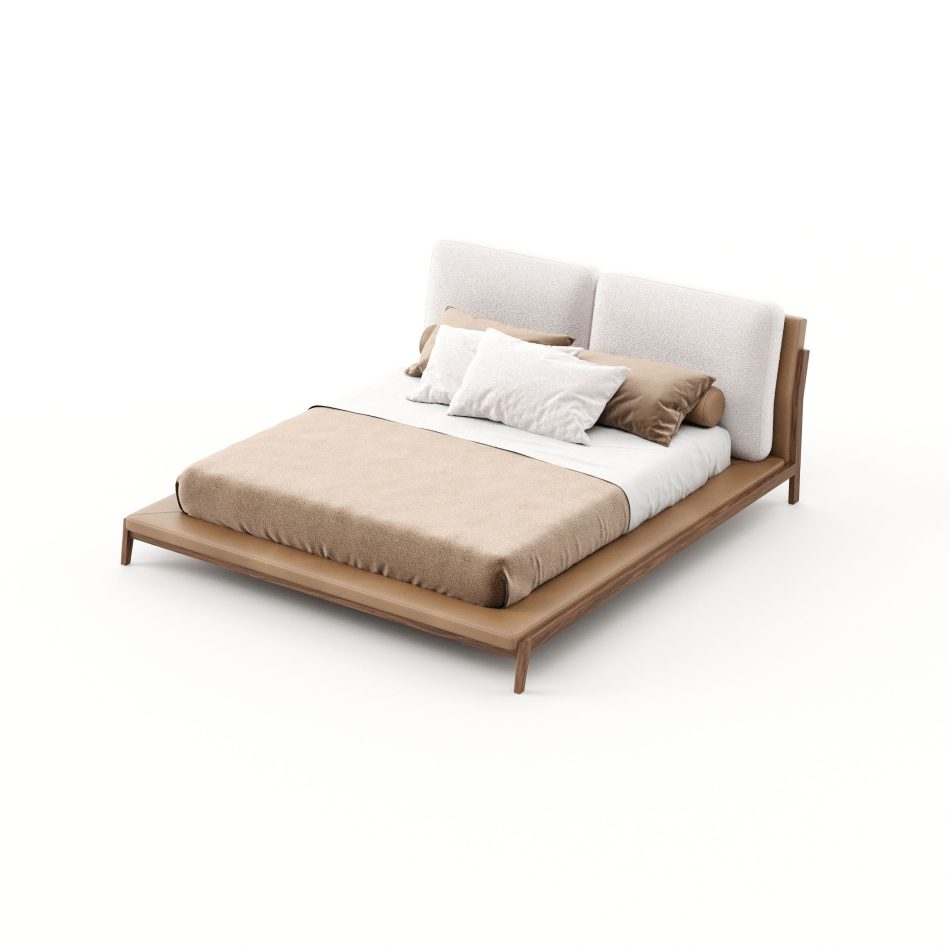 The Milos Bed, highlighting the join between its walnut frame and leather-wrapped base, along with the soft bouclé headboard and layered pillows in white and tan. The piece's material contrast makes it a strong fit for sophisticated bedroom furniture in a modern interior.