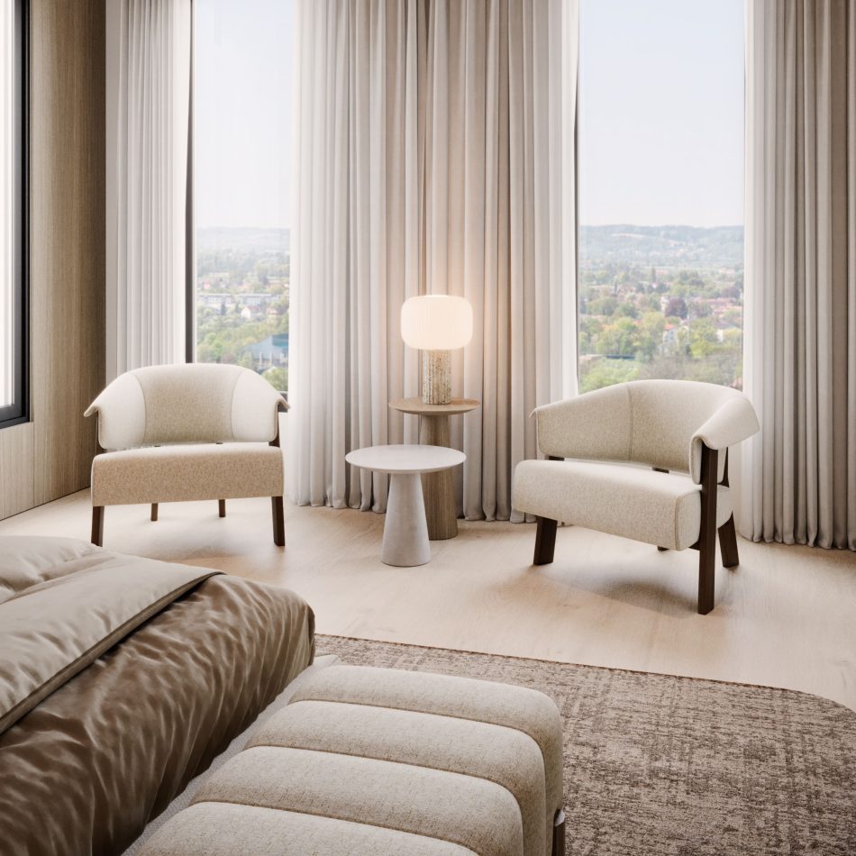 In a serene bedroom lounge, the Olivier Side Tables in warm wood and smooth microcement sit between two upholstered armchairs, adding quiet rhythm to the softly lit space. Natural light filters through sheer curtains, highlighting the tables’ rounded tops and tapered bases. The setting mixes the refinement of luxury furniture with the calm presence of living room furniture, enriched by subtle design details that elevate the atmosphere.