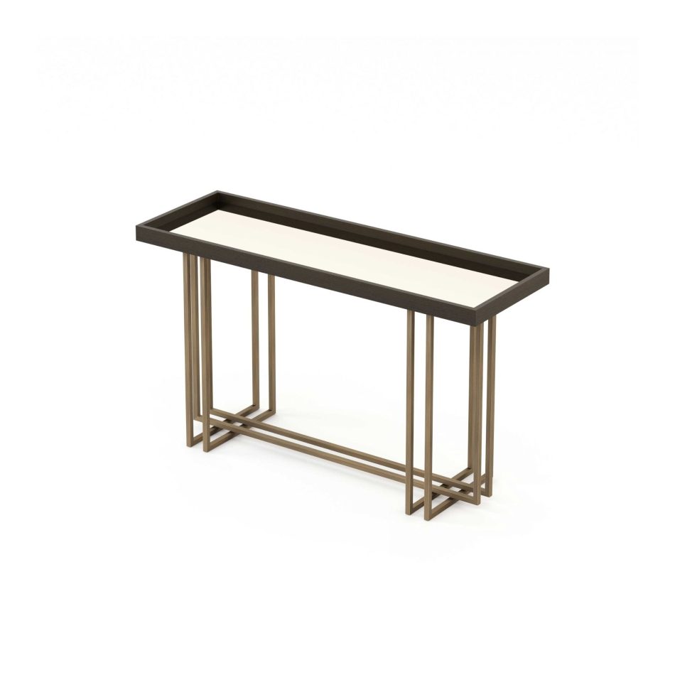 The Vector Console features a gloss dark oak top paired with a light glass surface, supported by a geometric bronze‑metal base that adds subtle glamour. Its clean lines and reflective materials create a sophisticated entryway moment, blending luxury home furniture, soft design details, and the calm balance of modern furniture.