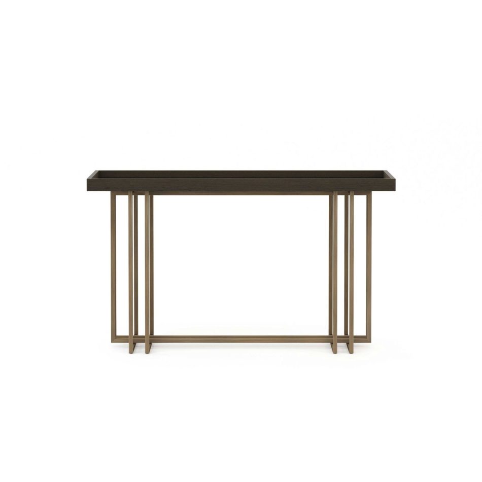 The Vector Console presents a dark wooden top resting on a bronze brass frame composed of vertical and horizontal bars, giving the piece a sculptural presence. The minimalist structure enhances the console’s chic character, integrating elegantly into interiors shaped by furniture luxury design, elegant living room inspiration, and timeless luxury furniture.