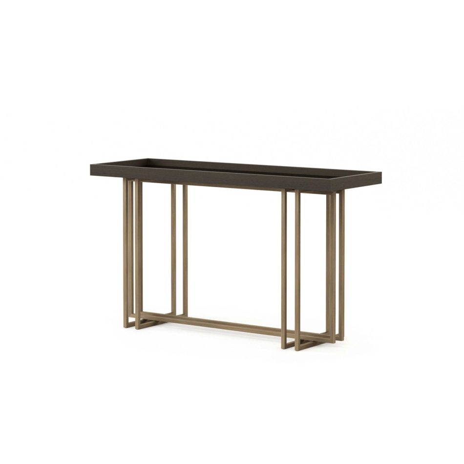 The Vector Console showcases a sleek wooden surface supported by an architectural metal base in a warm bronze tone, creating a striking contrast between wood texture and metallic geometry. Its discreet silhouette elevates modern spaces with high end furniture, elegant interior design inspiration, and the quiet sophistication of modern luxury furniture.
