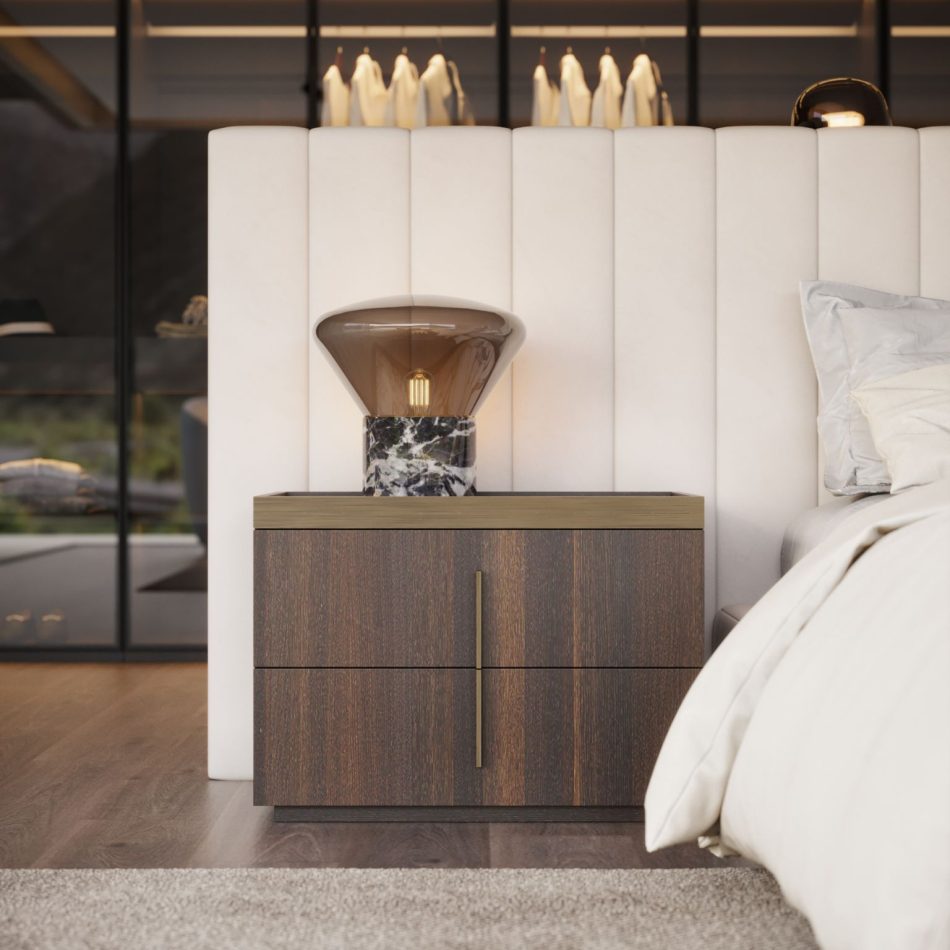 A modern night table seamlessly blending within the bedroom.