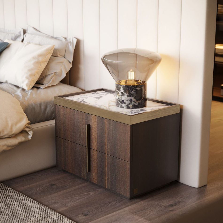 A modern night table seamlessly blending within the bedroom.
