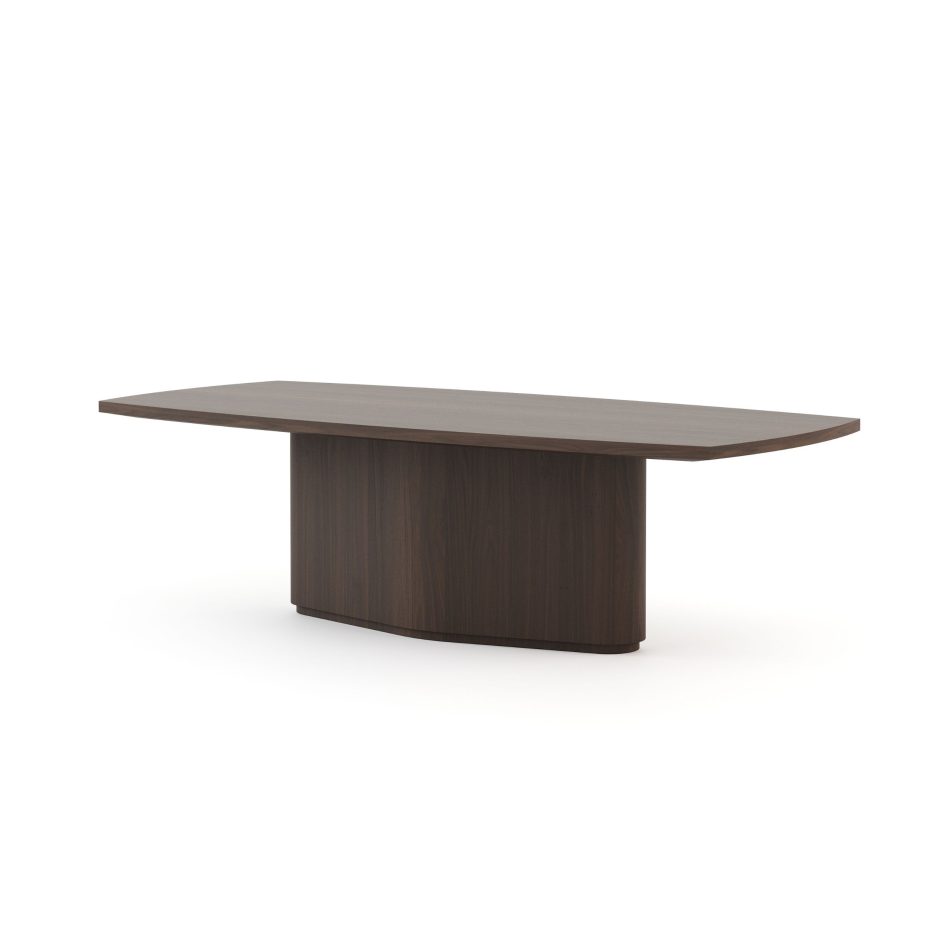 A modern Elea Dining Table crafted in dark wood with a smooth rectangular top and rounded edges, supported by a solid central pedestal base. Its clean lines and balanced proportions make it a refined addition to contemporary interiors, fitting seamlessly within dining room furniture, elevated by the timeless appeal of luxury furniture, the simplicity of modern furniture, and the warmth of premium home furniture.