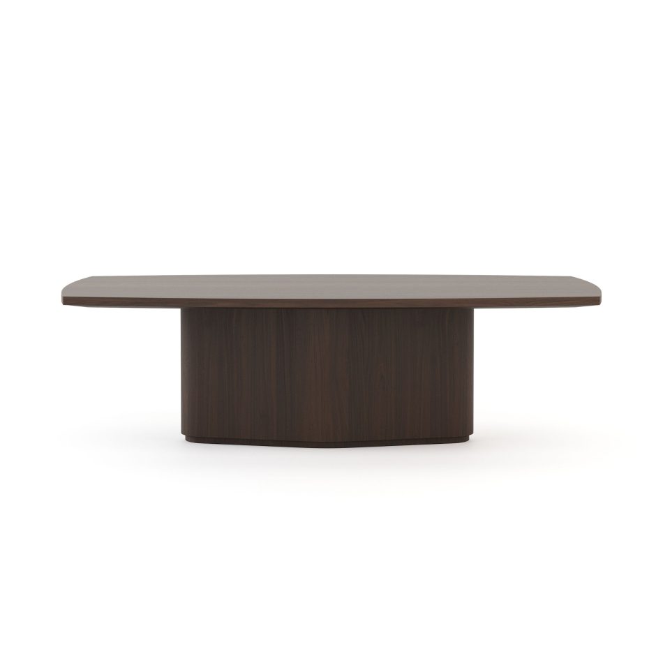 A dark wooden Elea Dining Table featuring a rectangular top with softened corners and a wide, sculptural pedestal base. The visible wood grain and minimalist silhouette highlight craftsmanship and understated elegance, making it ideal for curated spaces centered around modern furniture, complemented by the sophistication of luxury furniture, the practicality of dining room furniture, and the versatility of home furniture.