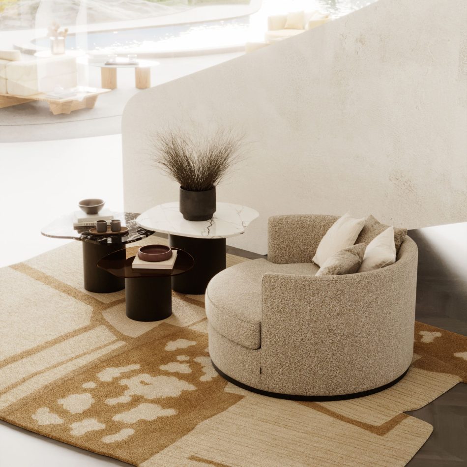 The Natur Side Tables form a minimalist trio with rounded tops in stone‑like, matte, and polished finishes, arranged beside a textured armchair on a patterned rug. Decorative bowls, books, and a potted plant enhance the natural aesthetic, merging modern side table design, subtle design details, and furniture luxury design.