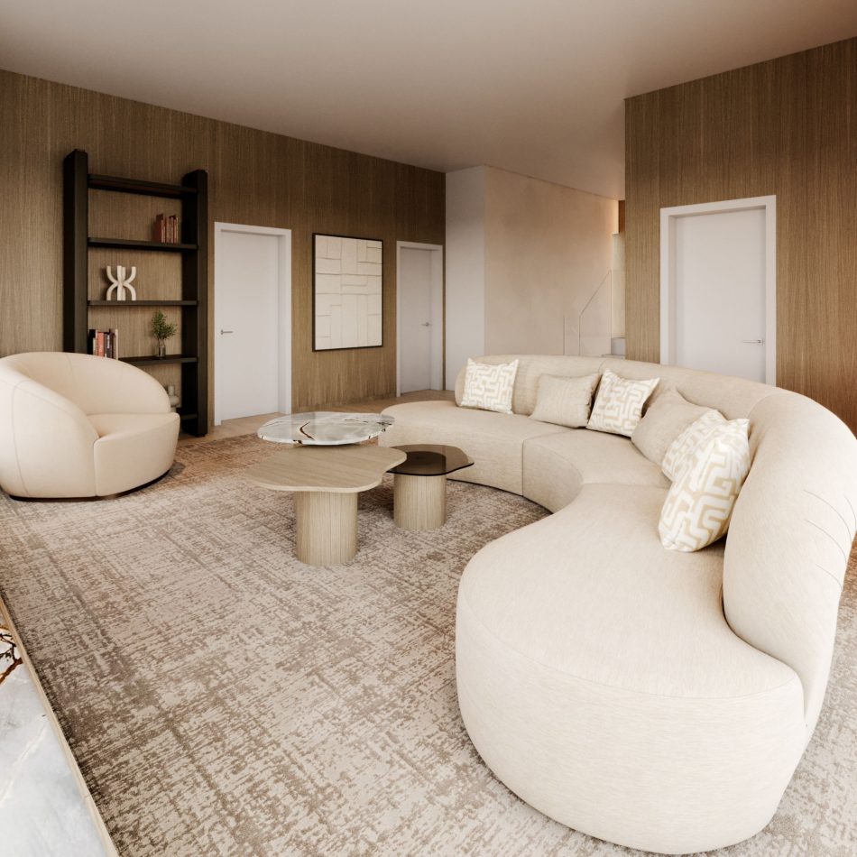 The Natur Side Tables appear in front of a curved beige sectional, featuring irregular rounded tops supported by wooden bases and glass surfaces. Their organic shapes complement the neutral palette, merging living room furniture, expressive natural texture, and soft luxury home design.