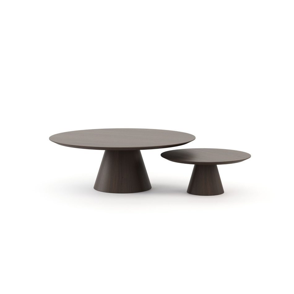 Pair of dark wood Olivier tables forming a luxury coffee table set, featuring a tapered base and circular tops in a modern table design.