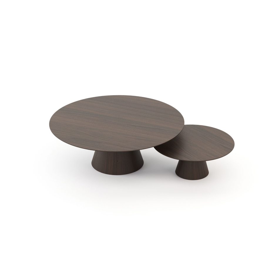 Nesting dark wood coffee tables showcasing a minimalist design with clean architectural curves, ideal for contemporary furniture interiors.