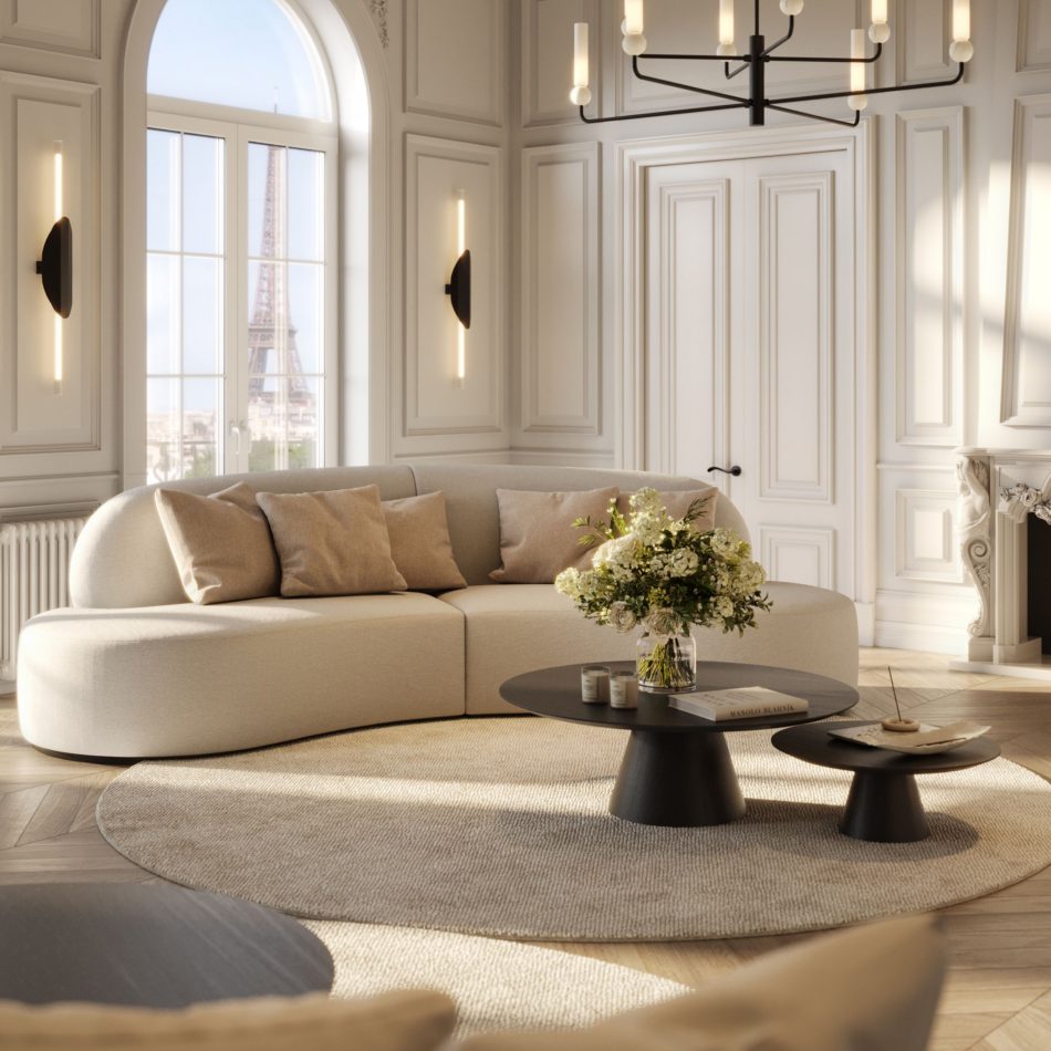 Elegant Parisian-style living space ambiance with classical wall moldings and an Eiffel Tower view, anchored by a dark wood Olivier luxury coffee table set alongside a curved sofa showcasing modern table design.