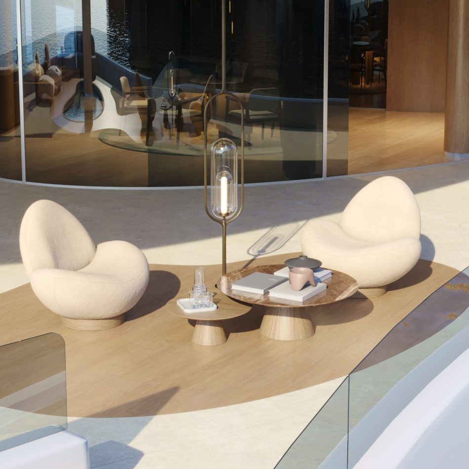 Sunlit luxury lounge ambiance with floor-to-ceiling glass, featuring a light wood Olivier luxury coffee table set with a marble top positioned between organic lounge chairs as pieces of contemporary furniture.