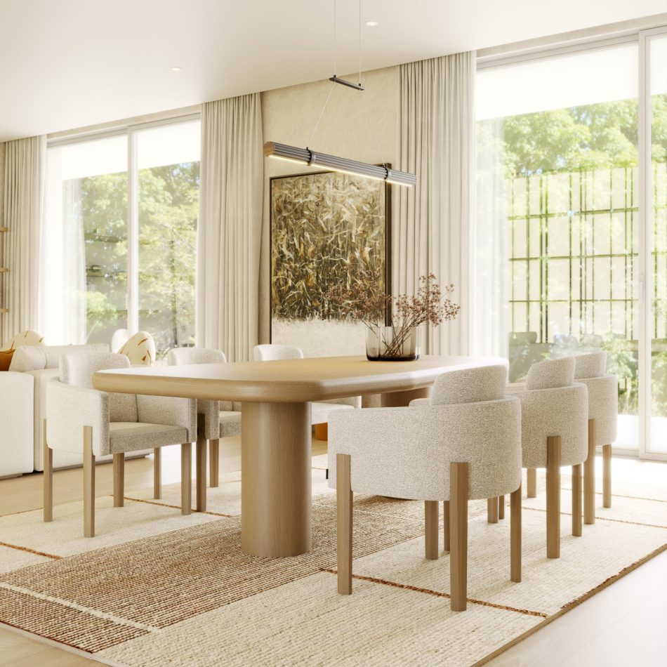 A warm and elegant space centred around a sculptural luxury dining table that anchors a refined selection of dining room furniture within a tailored bespoke dining room, enriched by natural textures; the rounded geometry of the contemporary dining table reinforces the sophistication of formal dining room furniture, shaping the presence of luxury dining room furniture; the layered materials strengthen the identity of dining room furniture, merging the serenity of a luxury dining table with the clarity of a contemporary dining table; an inviting vignette where luxury dining room furniture and formal dining room furniture articulate the atmosphere of a curated bespoke dining room, echoing the sculptural presence of dining room furniture and the elegance of a luxury dining table.
