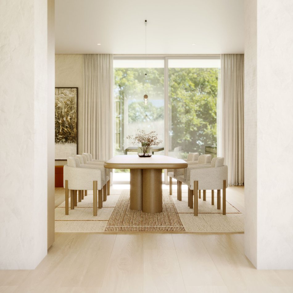 A bright interior defined by a sculptural luxury dining table that structures a curated ensemble of dining room furniture within a serene bespoke dining room, shaped by natural light; the clean proportions of the contemporary dining table reinforce the elegance of formal dining room furniture, enriching the presence of luxury dining room furniture; the soft palette strengthens the rhythm of dining room furniture, merging the clarity of a luxury dining table with the calm of a contemporary dining table; an inviting composition where luxury dining room furniture and formal dining room furniture articulate the identity of a refined bespoke dining room, echoing the harmony of dining room furniture and the sculptural presence of a luxury dining table.