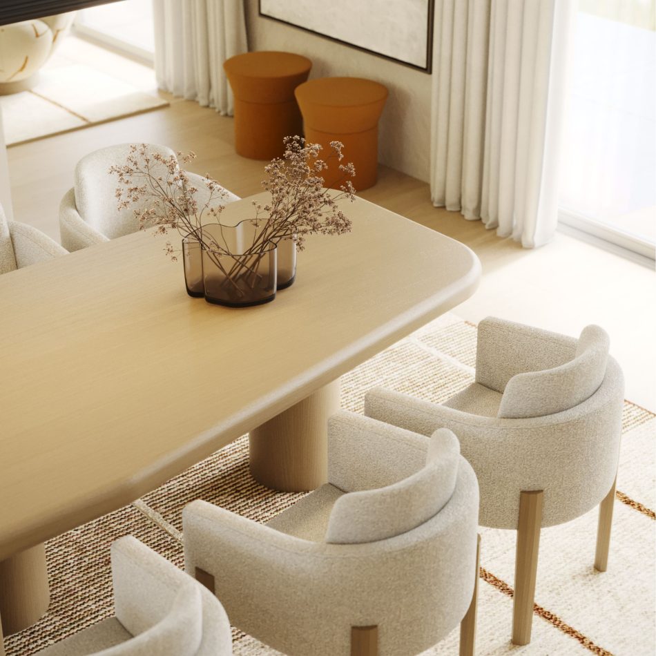 A warm setting centred around a sculptural luxury dining table that anchors a selection of dining room furniture within a calm bespoke dining room, expressing the softness of natural textures; the rounded geometry of the contemporary dining table reinforces the presence of formal dining room furniture, enriching the rhythm of luxury dining room furniture; the layered materials strengthen the identity of dining room furniture, merging the serenity of a luxury dining table with the clarity of a contemporary dining table; an elegant vignette where luxury dining room furniture and formal dining room furniture articulate the atmosphere of a refined bespoke dining room, echoing the sculptural presence of dining room furniture and the sophistication of a luxury dining table.