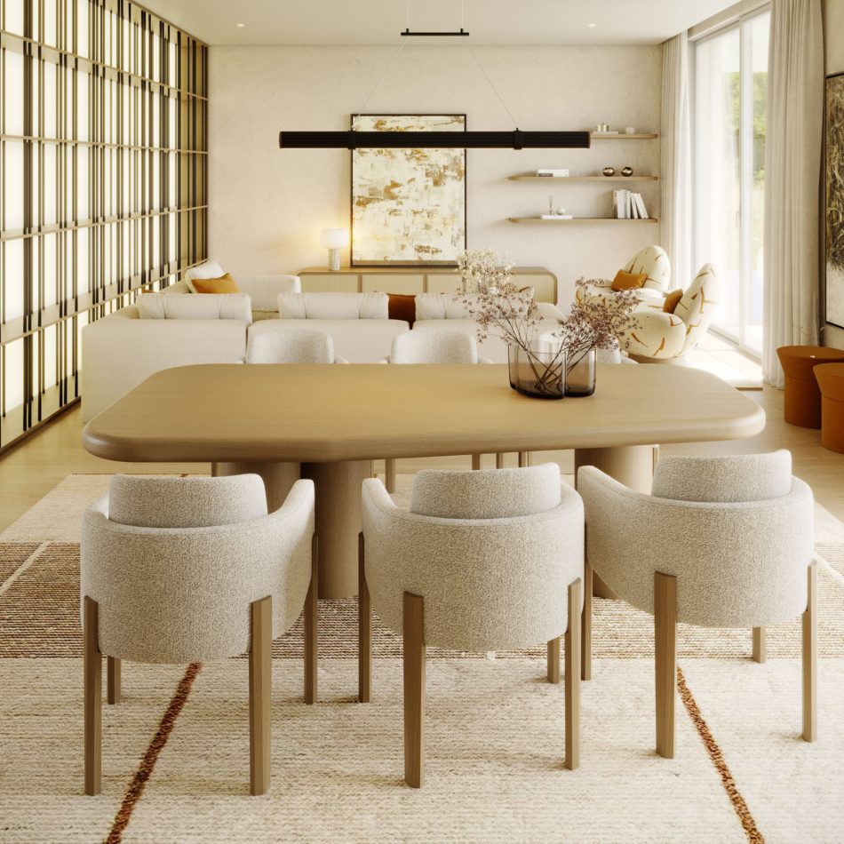 A refined interior where a sculptural luxury dining table defines the centre of a curated bespoke dining room, surrounded by warm textures that elevate the presence of dining room furniture; the clean geometry of the contemporary dining table reinforces the elegance of formal dining room furniture, shaping a calm environment enriched by luxury dining room furniture; the interplay of materials strengthens the narrative of dining room furniture, merging the serenity of a luxury dining table with the precision of a contemporary dining table; an inviting composition where luxury dining room furniture and formal dining room furniture articulate the identity of a tailored bespoke dining room, echoing the sophistication of dining room furniture and the sculptural clarity of a luxury dining table.