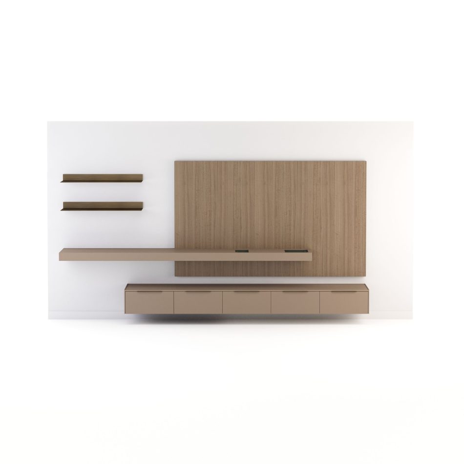 The Landform Day System forms a clean, wall‑mounted composition with a dark oak veneer panel, floating shelves, and a beige lacquered cabinet, creating a balanced structure ideal for living areas. The design blends living room furniture, curated design details, and warm interior design inspiration.