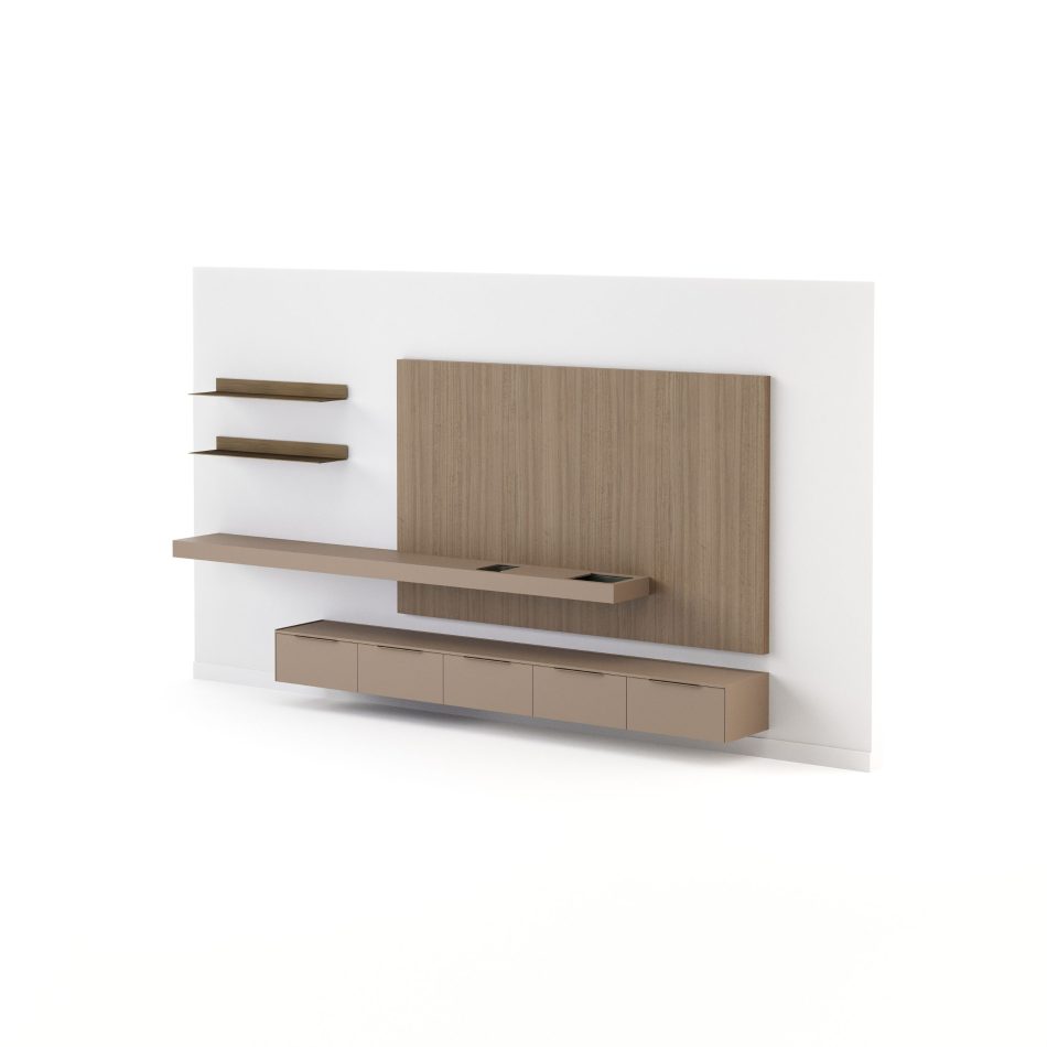A closer view of the Landform Day System highlights its antique brushed bronze shelves and refined wood panel, offering space for display and storage. The arrangement reflects casegoods furniture, subtle wood texture, and elevated luxury home furniture.